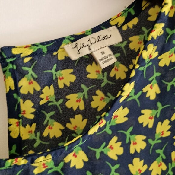 Lily White Navy Blue & Yellow Ditsy Floral Print S/S Poly Chiffon Blouse Shirt M - Picture 4 of 6